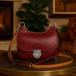 Tory Burch James Coffee Berry Red Small Saddle Bag/Crossbody Bag/Shoulder Bag